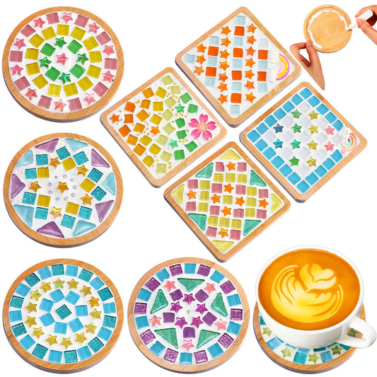 Reallnaive 8 Sets Valentines DIY Mosaic Tiles for Crafts Mixed Color Glass Mosaic Kits Xmas DIY Coasters Kit Make Your Own Stained Glass Coaster for Handmade Holiday Decoration Gift (Rainbow Style)