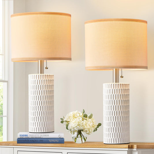 Reaketon 20" Small Ceramic Table Lamps for Bedroom Set of 2, Modern Lamps for Night Stands, Farmhouse Table Lamps for Living Room, Home Office and Hallways,White