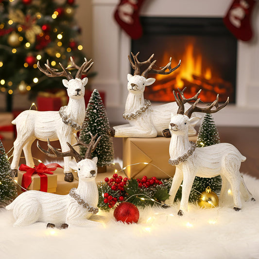 Wesiti 4 Pieces Christmas White Reindeer Gifts Stocking Stuffer Reindeer Tabletop Decoration Standing and Sitting Deer Figurines Xmas Decorative Statue Rustic Decor for Tabletop Mantel Winter Home