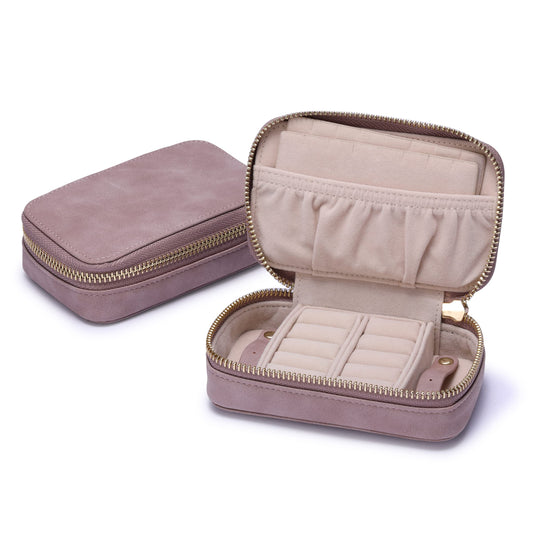 HISCOW Vegan Leather Travel Jewelry Case with Zipper - Portable Necklace & Earring Holder Organizer for Women Girls, Velvet-Lined Ring Box with Anti-Tarnish Design, Grayish Purple