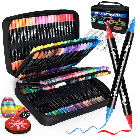 TANMIT 124 Colors Dual Tip Acrylic Paint Markers, Paint Pens Set with Brush Tip and Fine Tip For Fabric, Rock, Wood, Glass, Eggs, Scrapbook, DIY Crafts Making Art Supplies - Teacher Appreciation Gift