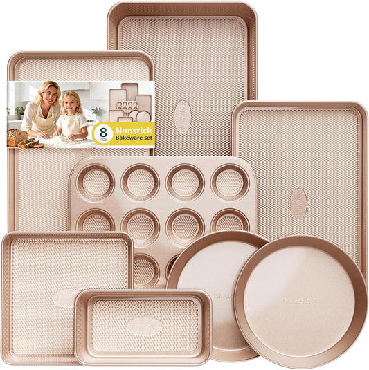 Skiennix 8-Piece Baking Pans Set - Nonstick Bakeware with Ceramic Coated Gold Finish