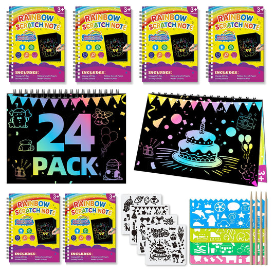 HXDOGSP Scratch Art for Kids: 24 Pack Rainbow Scratch Paper Party Favors - Art Crafts Notebook Suitable for Birthday Gifts/School Crafts Kit/Classroom Prizes for Girls and Boys Aged 4-12
