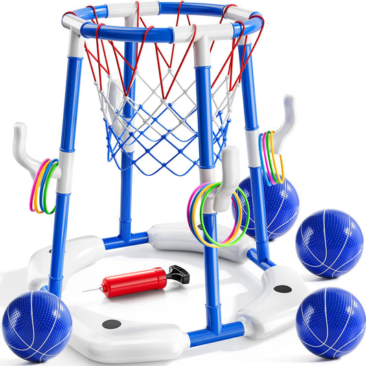 Sitodier Pool Basketball Hoop for Kids, 2-in-1 Floating Pool Basketball Play Toys and Ring Game with 4 Balls and Pump, Outdoor Summer Swimming Pool Basketball Games Family Party for Kids Adults (Blue)