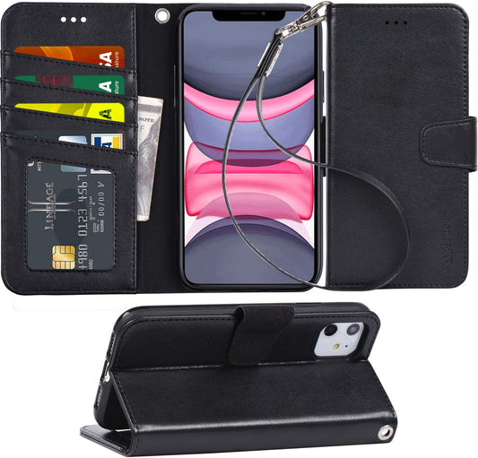 Arae 11 [4-Slots] 11 6.1 inch Case for iPhone Wallet Case Cover with Card Holder PU Leather with Wrist Strap