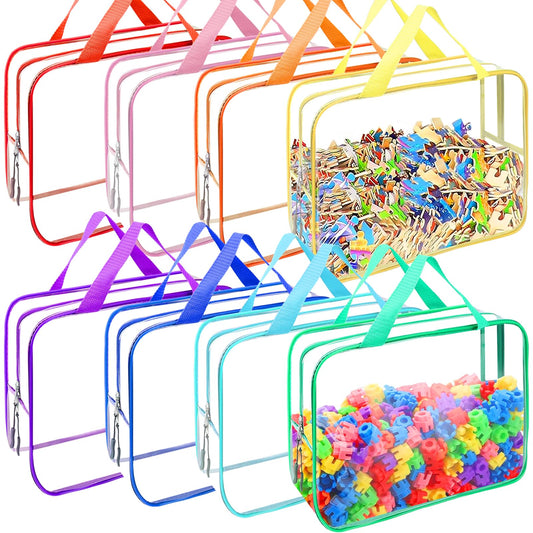 YOPCDJ 8 Packs 8 Colors Toy Storage Bags, Reusable Clear PVC Board Game Storage, Toy Organizers and Storage Bags with Zipper for Building Blocks, Puzzle and Handmade Accessories, Clear Toiletry Bag