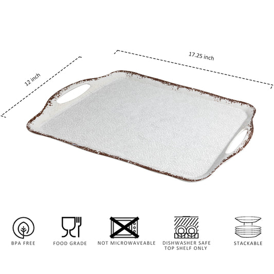 LEHAHA Vintage White Large Serving Tray with Handles, 17.25x12 inch, Set of 2 Melamine Platters for Serving Food, Turkey, Cookie, Rectangular Trays for Eating, Crackled Finish with Rustic Raised Rim.