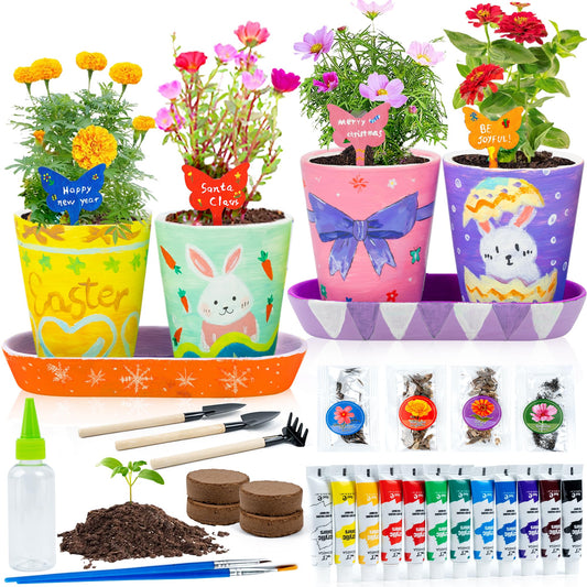 RGBDOT Kids Gardening Set Paint and Plant Stoneware Flower Gardening Kit with 4 Pots Arts and Crafts for Kids Ages 8-12 Best Children’s Day Gift for Girls Boys Ages 5 6 7 8 9 10