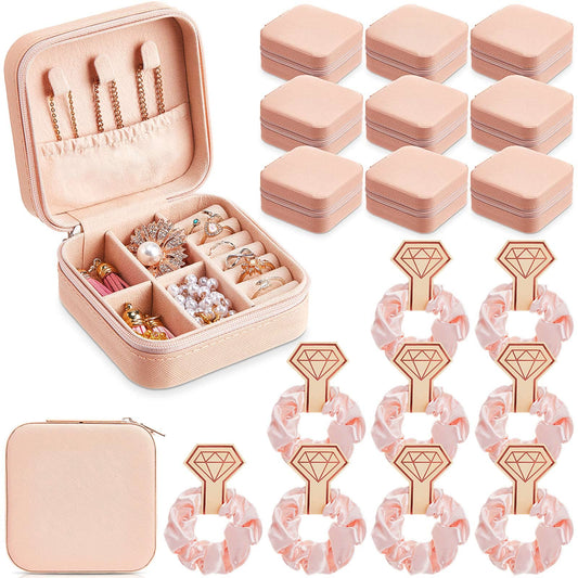 Yinkin 9 Pcs Travel Jewelry Case Boxes Small Jewelry Travel Mini Organizer with 9 Pcs Hair Scrunchies, Bridesmaid Women Girls Earring Ring Storage Gift(Pink)