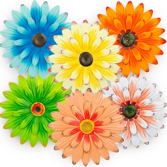 Zhehao 6 Pcs Metal Flower Wall Art Decor 12 Inch Sunflower Wall Decorations Hanging Outdoor Art Multicolored Handmade Metal Flowers Outdoor Decor(Elegant Color)