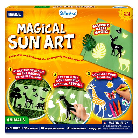 Skillmatics Sun Paper Art Kit - STEM Craft Kit for Kids with Decorative Paper, Stencils & Markers, Create with Sunlight, Mess-Free, Indoor Fun, Gifts for Ages 4, 5, 6, 7, 8, 9, 10, 11, 12