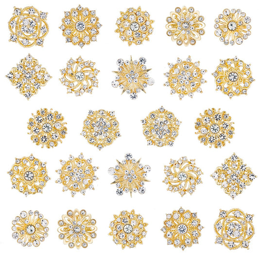 MEEDOZ Lot 24Pcs Assorted Crystal Rhinestone Flower Brooch Pins Set for Crafts Embellishment, Wedding Bouquet Brooches for Women Fashion (Gold Plated)