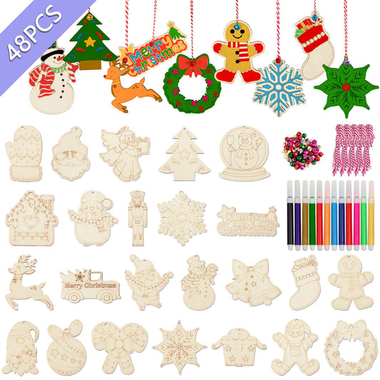 OurWarm 48Pcs Christmas Crafts for Kids Adults, DIY Wooden Christmas Ornaments for Crafts 24 Styles, Unfinished Wood Slices with Bells, Colored Pens and Ropes for Xmas Holiday Tree Party Decorations