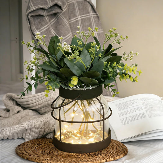 Nacidooka Modern Rustic Farmhouse Glass Lantern Vase with LED Lights & Artificial Eucalyptus - Vintage Primitive Table Centerpiece for Home Decor, Wedding, Floral Arrangements, Housewarming Gift