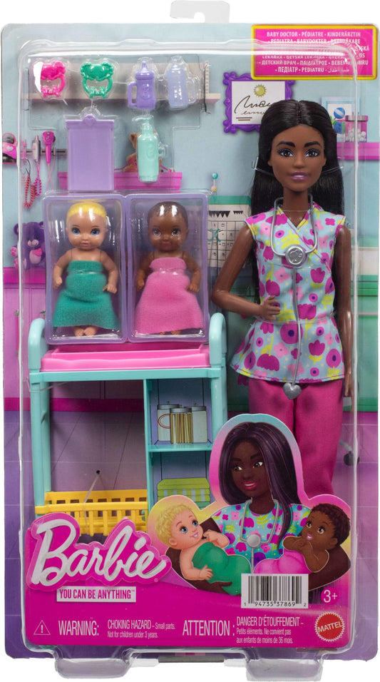 Barbie Careers Baby Doctor Playset with Brunette Doll Wearing Scrubs, 2 Baby Dolls, Examination Table & Accessories