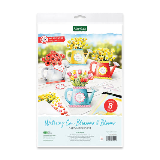 Katy Sue Watering Can Blossoms & Blooms Card Making Kit. 8 Shaped Cards, 3 Sheets of Floral Die Cut Decoupage, 8 Envelopes, Adhesive Foam Pads, & Instructions. For Card Making Supplies & Card Crafting