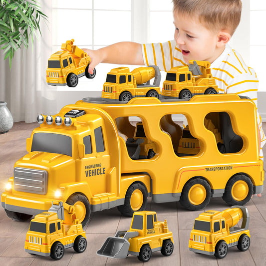 Beby Buty 5 in 1 Construction Trucks Cars Toys for Toddlers 3-5, Boy Toddler Car Truck Toys with Light Sound, Includes Crane, Mixer, Bulldozer & Excavator, Birthday Gifts Toys for 2 3 4 5 Year Boys