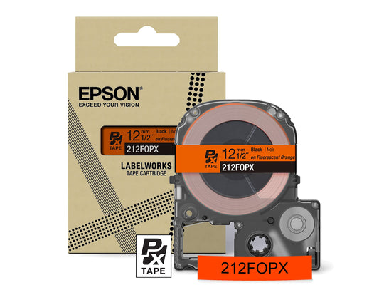 Epson LABELWORKS 212FOPX Genuine PET (Polyester) Tape Cartridge - Black on Fluorescent Orange Designer Craft Label Maker Tape - 1/2" (12MM) Wide, 16'