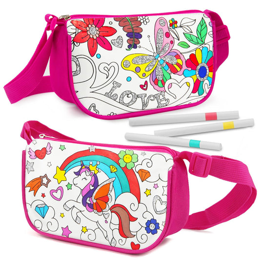 HAPMARS 2-Pack Coloring Bag,Color Your Own Crossbody Bag Craft Kits with 12 Colorful Marker & Adjustable Strap,DIY Personalized Party Graffiti Handbag,Christmas Birthday Gifts for Girls