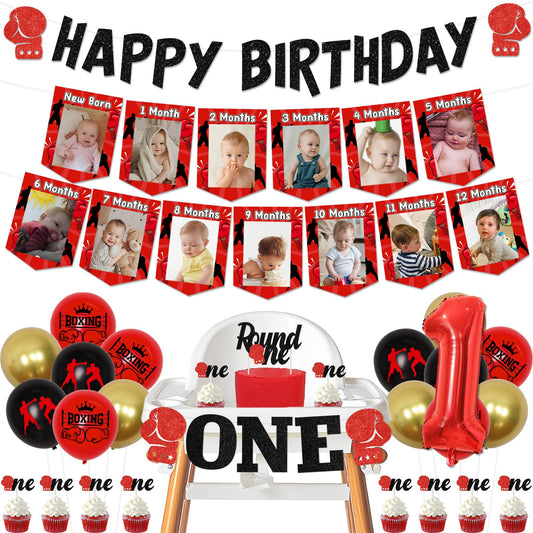 Boxing 1st Birthday Decorations Red Black Boxing Theme Happy Birthday Banner, Photo Banners, High Chair Banner, Round One Cake and Cupcake Toppers, Number 1 Balloons Kit for Boys First Bday Party