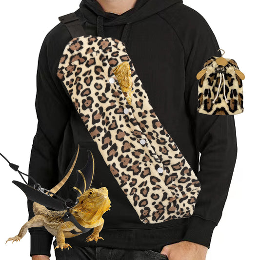 Bearded Dragon Leash and Harness Set, Beardie Carrier, Lizard Adjustable Harness with Leather Wings and Sling Bag, Reptile Small Pet Backpack Batwing Accessories (Leopard Pattern)