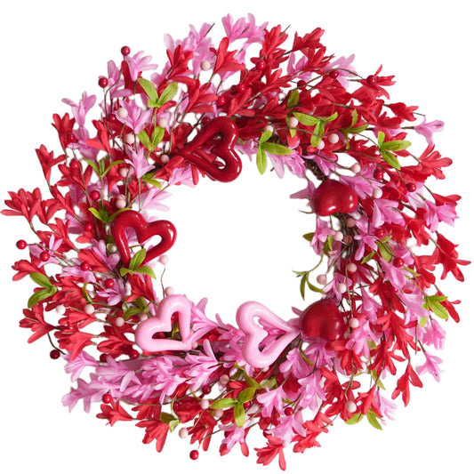 TEMPUS 20 Inch Openwork Heart Shaped Wreath for Spring Pink & Red Forsythia with Heart Berries for Front Door-Love Decor for Mothers Day Anniversary Party