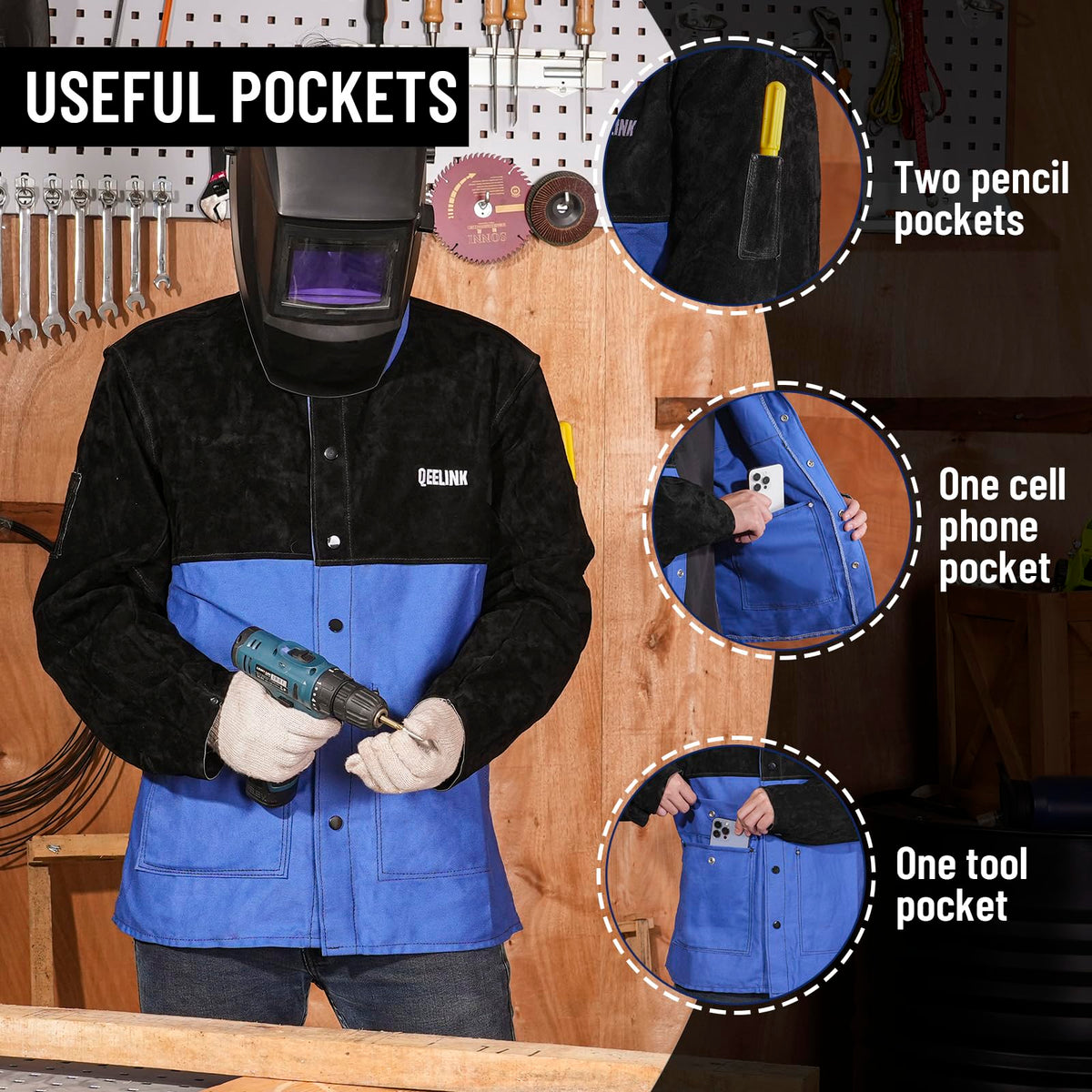 QeeLink Welding Jacket Split Leather Sleeves | Premium Flame Resistant Cotton Body Hybrid Welder Jackets Clothes, 2XL