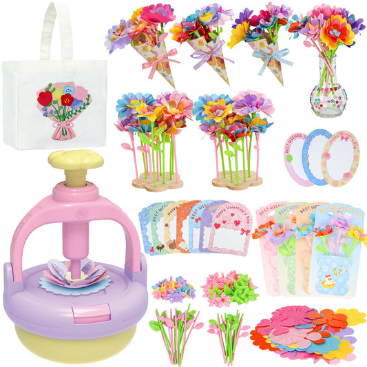 DIY Flowers Craft Kit for Girls, Flower Bouquet Maker Machine with 120 Fabric Petals, 14 Greeting Cards, Gift Wrap, Vase & Storage Bag, Creative Floral Arts and Crafts Toy for Kids Ages 3-12
