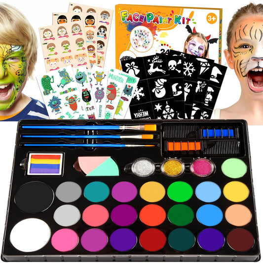 Face Painting Kit for Kids, 24 Colors Water Based Non-Toxic Face Paint with Stencils & Brushes, Professional Body Makeup Set for Halloween, Birthday, Parties with Guide Book Art and Craft Art Supplies