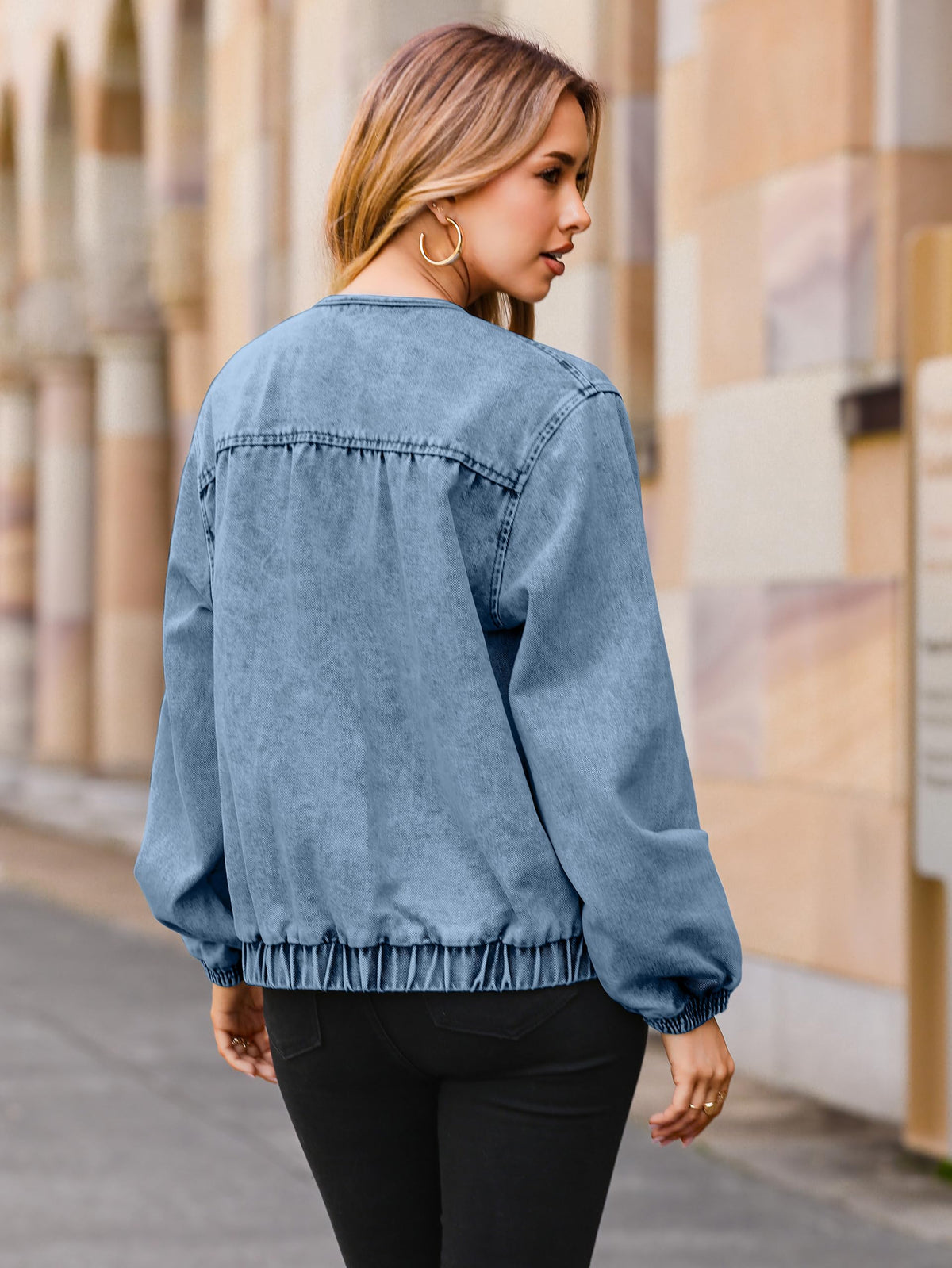 Glamaker Womens Denim Bomber Jacket Trendy Casual Zip Up Crew Neck Long Sleeve Loose Fit Jean Jacket Fall Outfits With Pockets (Denim Blue S)