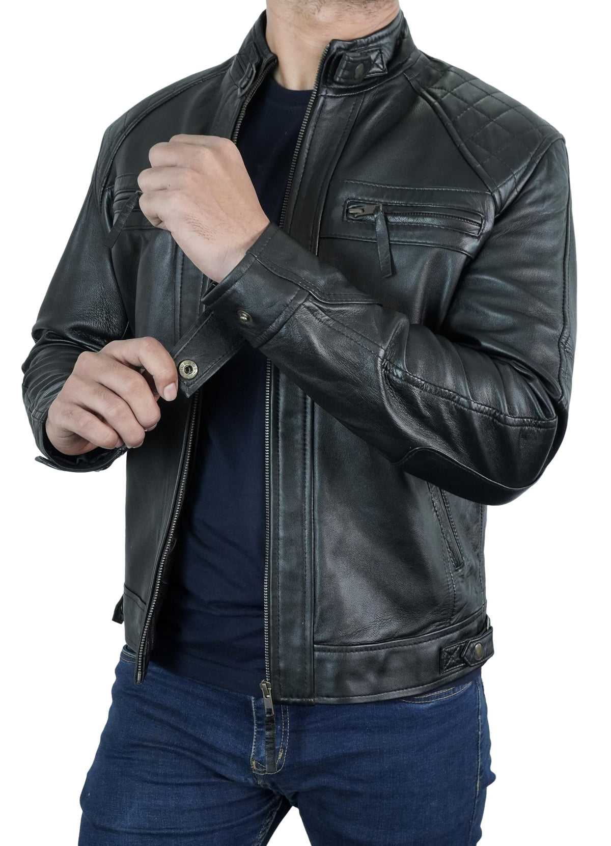 STOREJEES Mens Black Leather Jacket | Diamond Black - XS