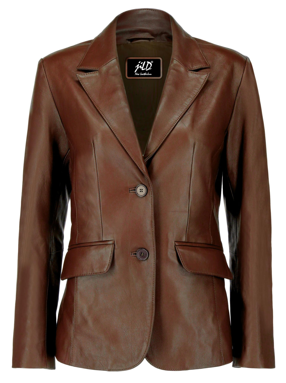 Jild Classic 2-Button Lambskin Leather Blazer Women - Casual Coat Long Sleeves Suit Style Leather Jacket Women (LC-Brn-L)