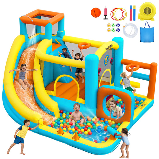Inflatable Bounce House for Kids Inflatable Water Park with 550W Blower, Ball Shooting, Climbing Wall, Jumping, Kids Bouncy Castle for Outdoor Indoor Backyard Water Slide Summer Party 12 * 9.7 * 7FT