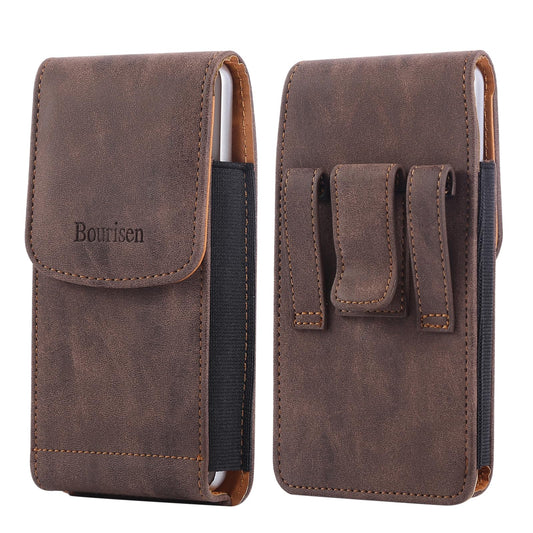 Bourisen Universal Phone Holster Phone Pouch Case Belt Clip Belt Loops Card Slot Faux Leather for Man iPhone 17/16/15pro max,16/15Plus,Samsung S25 24 S23 S22 Ultra (Brown&Yellow, XL(6.6"x3.4"x0.8"))