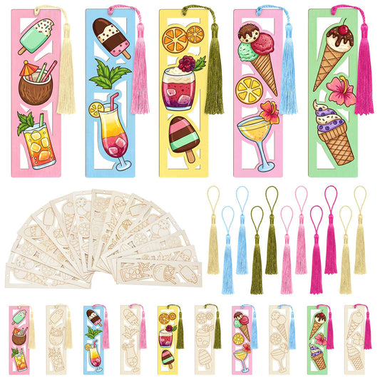 Yexiya 200 Pcs Ice Cream Color Your Own Bookmarks Kit, Summer DIY Coloring Blank Wooden Bookmarks, 100 Set Unfinished Bulk Hollow with Tassel Craft for Classroom Activities Birthday Party Favors Gift