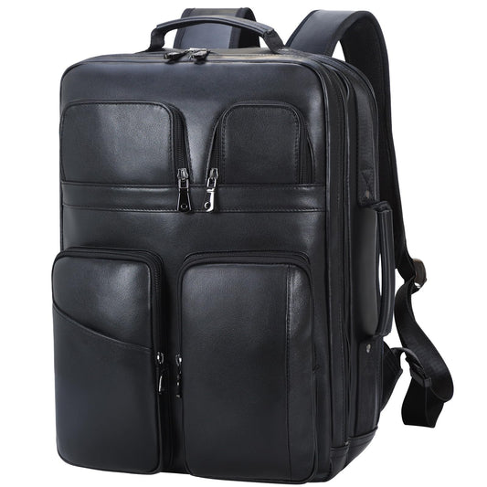 TIDING 17.3" Leather Laptop Backpack for Men Multi Pockets Casual Daypack Business Travel Rucksack, Black