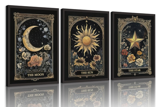 3Pcs Vintage Tarot Celestial Wall Art Sun Moon Stars Wall Decor Pictures Gothic Dark Aesthetic Flower Canvas Posters Prints for Living Room Bedroom Home Decoration 12x16in Unframed