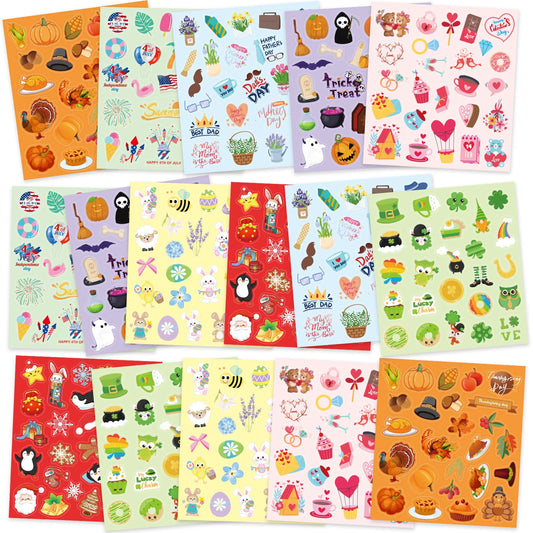 Treasure Cove Holiday Stickers Assortment Seasonal Sticker Sheets for Kids Crafts Halloween Thanksgiving Christmas Birthday Party Decorations Supplies 16 Sheets 400Pcs
