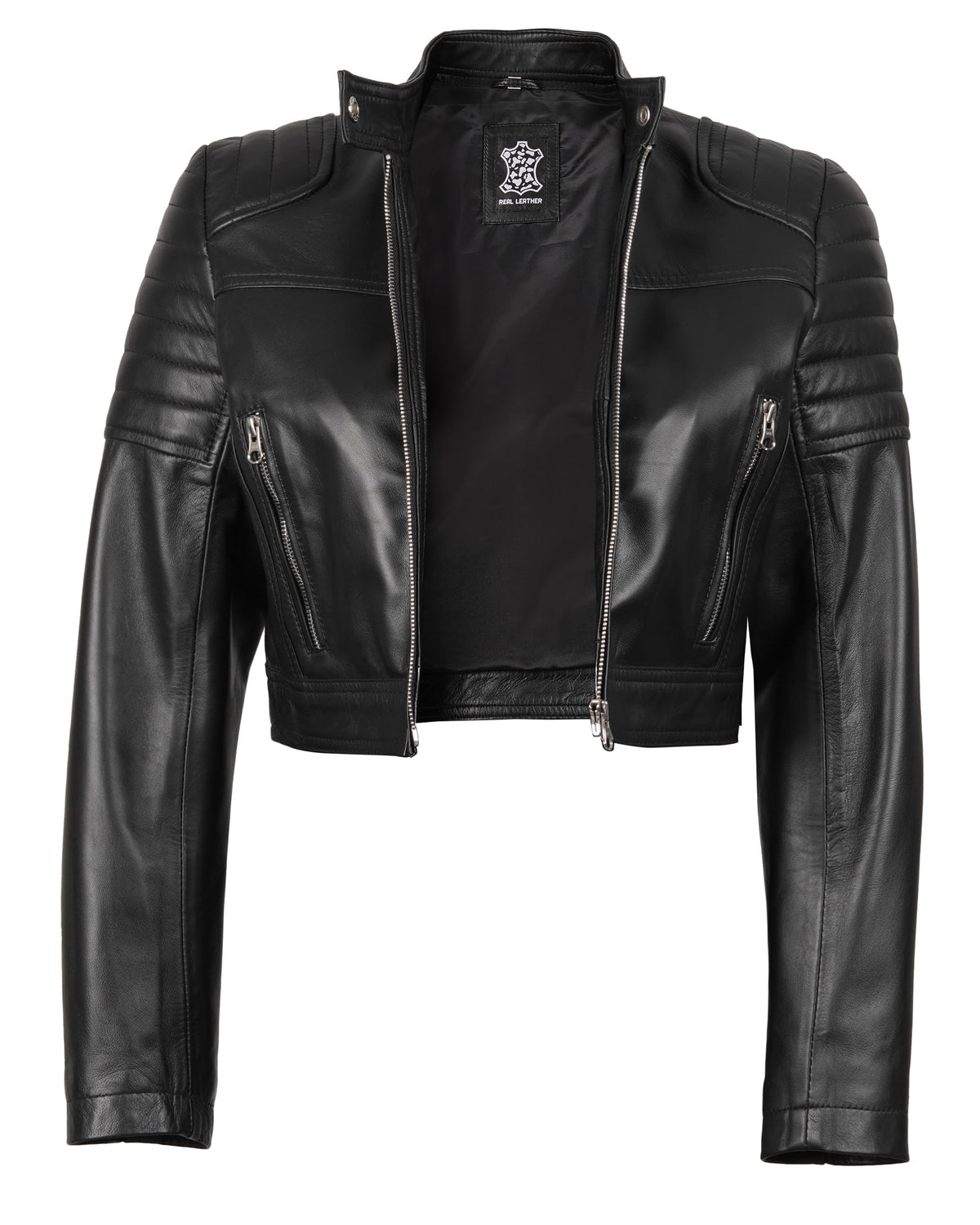 Decrum Cafe Racer Leather Motorcycle Jacket Women - Crop Leather Jackets For Womens | [1318831] Edna Black, XS
