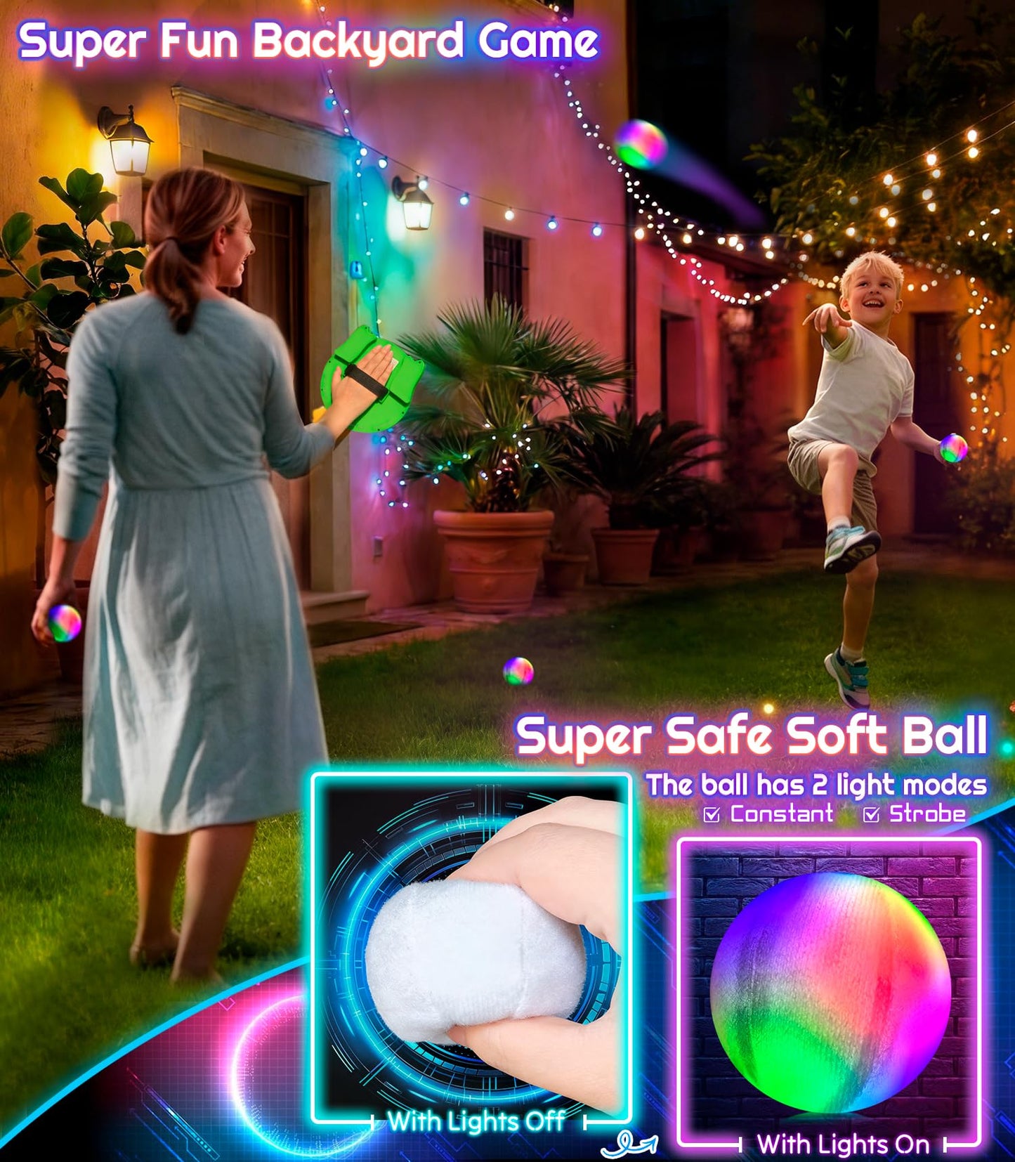 Elecdemic 3D LED Light Up Toss Catch Ball Game Set Fidget Toys Baseball Gifts Outdoor Outside Backyard Party Glow in the Dark Sticky Paddle Mitt Age 3 4 5 6 7 8 9 10 11 12 Year Old Boy Girl Kids Adult