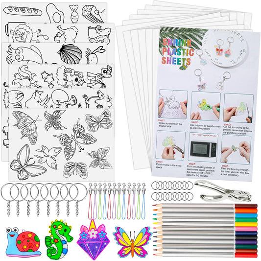 Natonhi 239Pcs Heat Shrink Plastic Sheets Keychain Kit, Including 40 Shrinky Art Paper,6 Traceable Picture, Hole Punch, Pencils, Keychains Accessories for Shrinky Dinks Creative Craft Marking