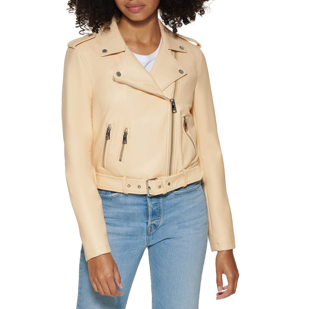 Levi's Women's Faux Leather Belted Motorcycle Jacket (Standard and Plus Sizes), Wheat, Medium