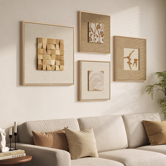 Large Framed 3D Neutral Wood Wall Art for Living Room, 4 Piece Textured Minimalist Abstract Paintings Artwork for Walls, Beige Brown Wooden Wall Decor for Hallway, Dining Room, Office