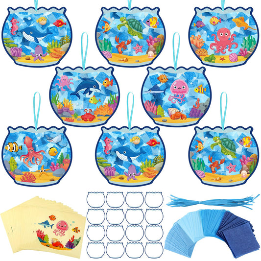 Supervitae 24 Sets Fishbowl Paper Crafts Kits Summer Crafts Sun Catchers Art Kits DIY Fish Tissue Paper Sign Make an Ocean Animals Worlds Stickers Scene for Window Activities Game Party Decor