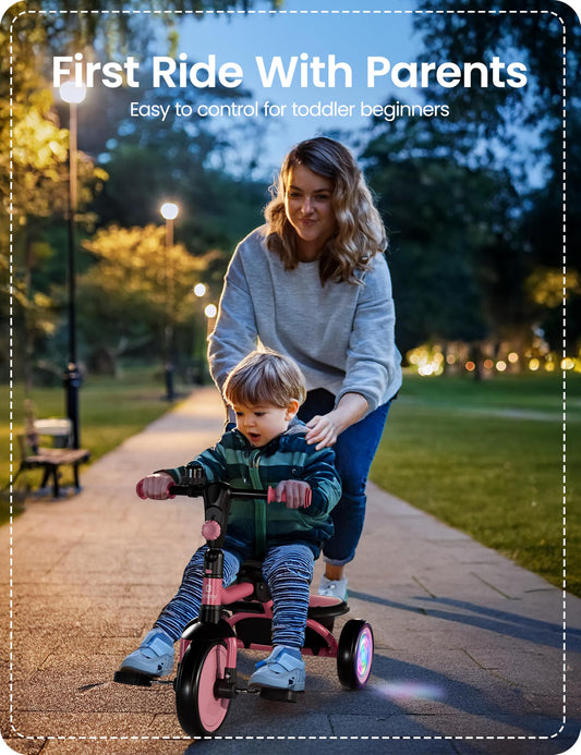 besrey Colorful Lighting Toddler Tricycle for Ages 18 Months to 5 Years, Toddler Bike with Bell, Kids Tricycle, Gift for 2-5 Year Olds, Toy for Boys and Girls, Tricycle for Toddlers, Pink