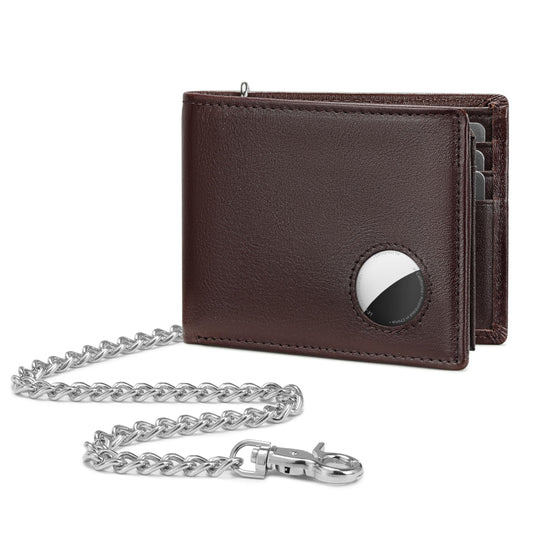 KLOMORE AirTag Chain Wallets for Men (Airtag Not Included), Sleek and Slim, RFID Blocking Genuine Leather Bifold Mens Wallet Includes ID Window Credit Card Holder with Sturdy Chain