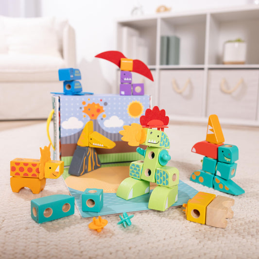 Melissa & Doug Blockables™ Dinosaur Snap and Play, Mix and Match Connectable Wooden Building Blocks Play Set Toy for Preschool Boys and Girls (69 Pcs) - FSC Certified