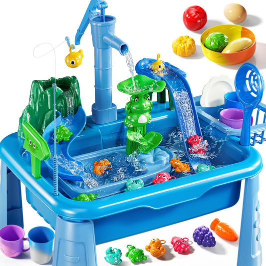 Water Table Play Sink Toy for Kids 2 3 4 5 6 Years Old - Outdoor Kitchen with Running Water, Fishing Games, Toddler Water Play Table for Kids Ages 3-8, Beach Outdoor Toys, Birthday Gifts 2+ 3-5 (Blue)