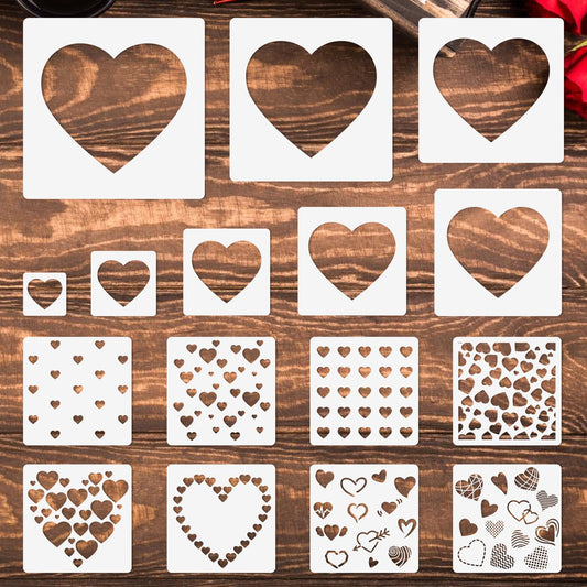 JarThenaAMCS 16Pcs Heart Shaped Stencils Assorted Stencils Reusable Love Heart Plastic Drawing Painting Template for Mother's Day Valentine's Day DIY Art Craft Painting on Wood