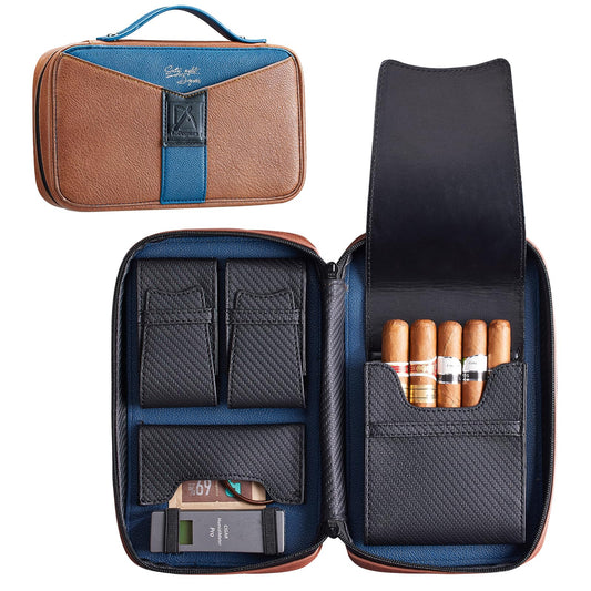 68 Degrees Travel Cigar Humidor, Handmade Leather Case with 3 Pockets, Portable Cigar Holder Fits 5 Cigars, Brown